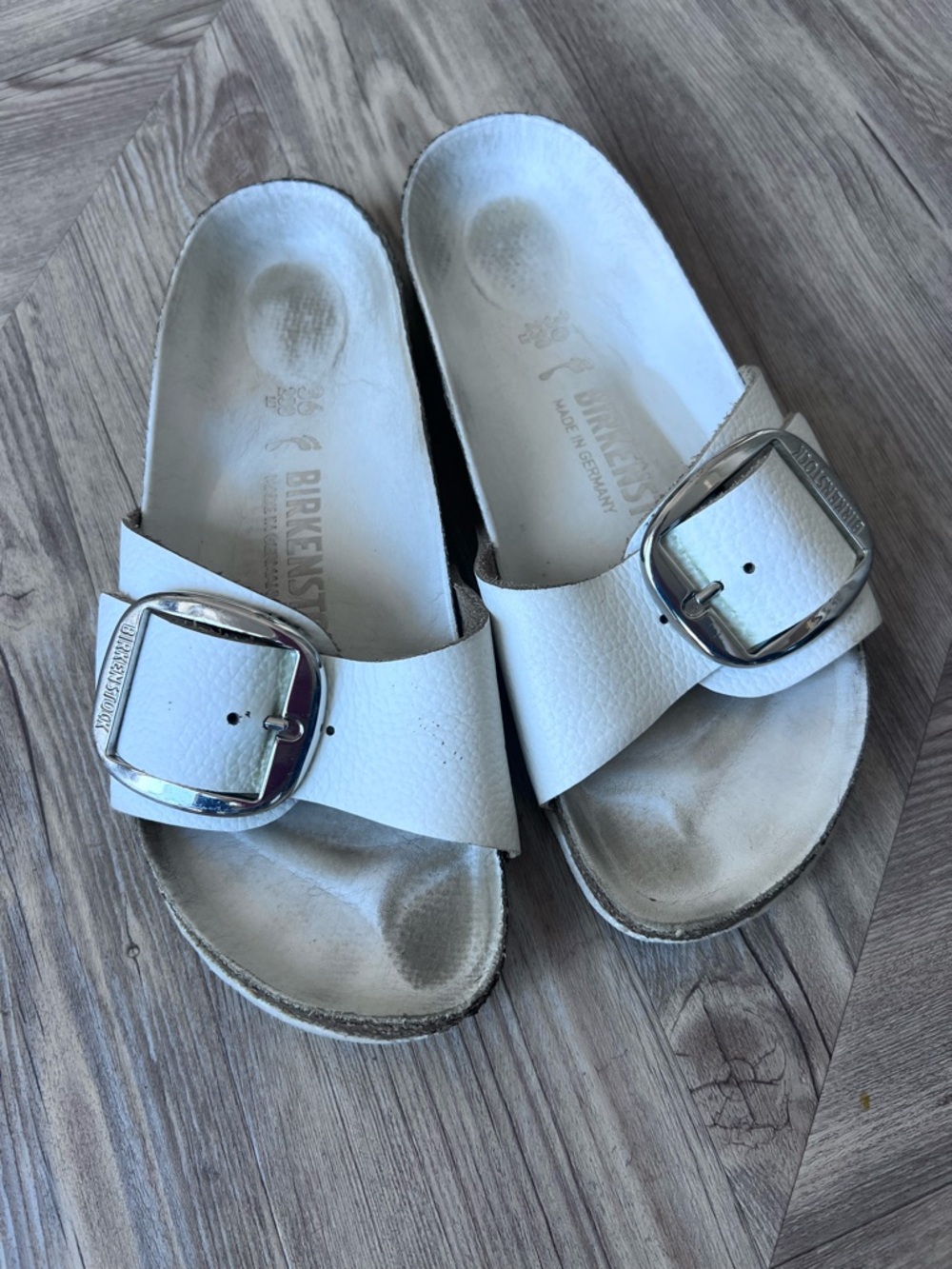 Birkenstock White Single Strap Slides with Silver Buckles
